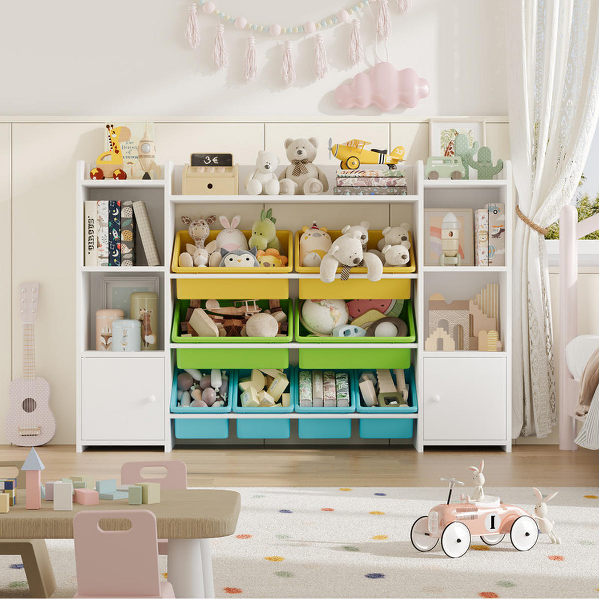 KINDERREGAL –Aufbewahrung für Spielzeug und Bücher, 138×29×94 cm, mit 8 Boxen und 9 Fächern - Weiß, Holz (29.6/94.3/138.8cm) - Kaket