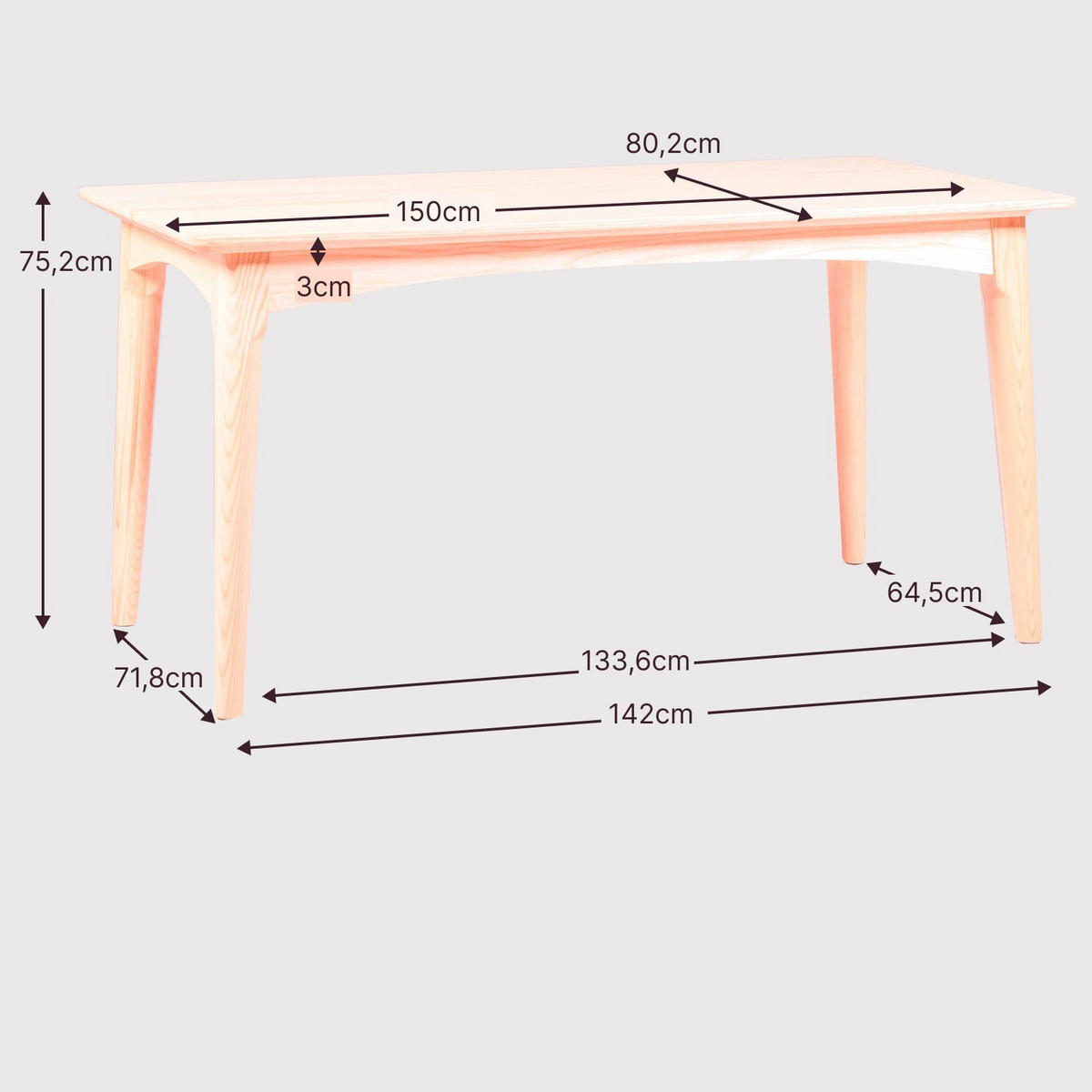 ESSTISCH Rechteckig Eschefarben 80/150/75 cm - Eschefarben, Holz (80/150/75cm) - Nest Dream