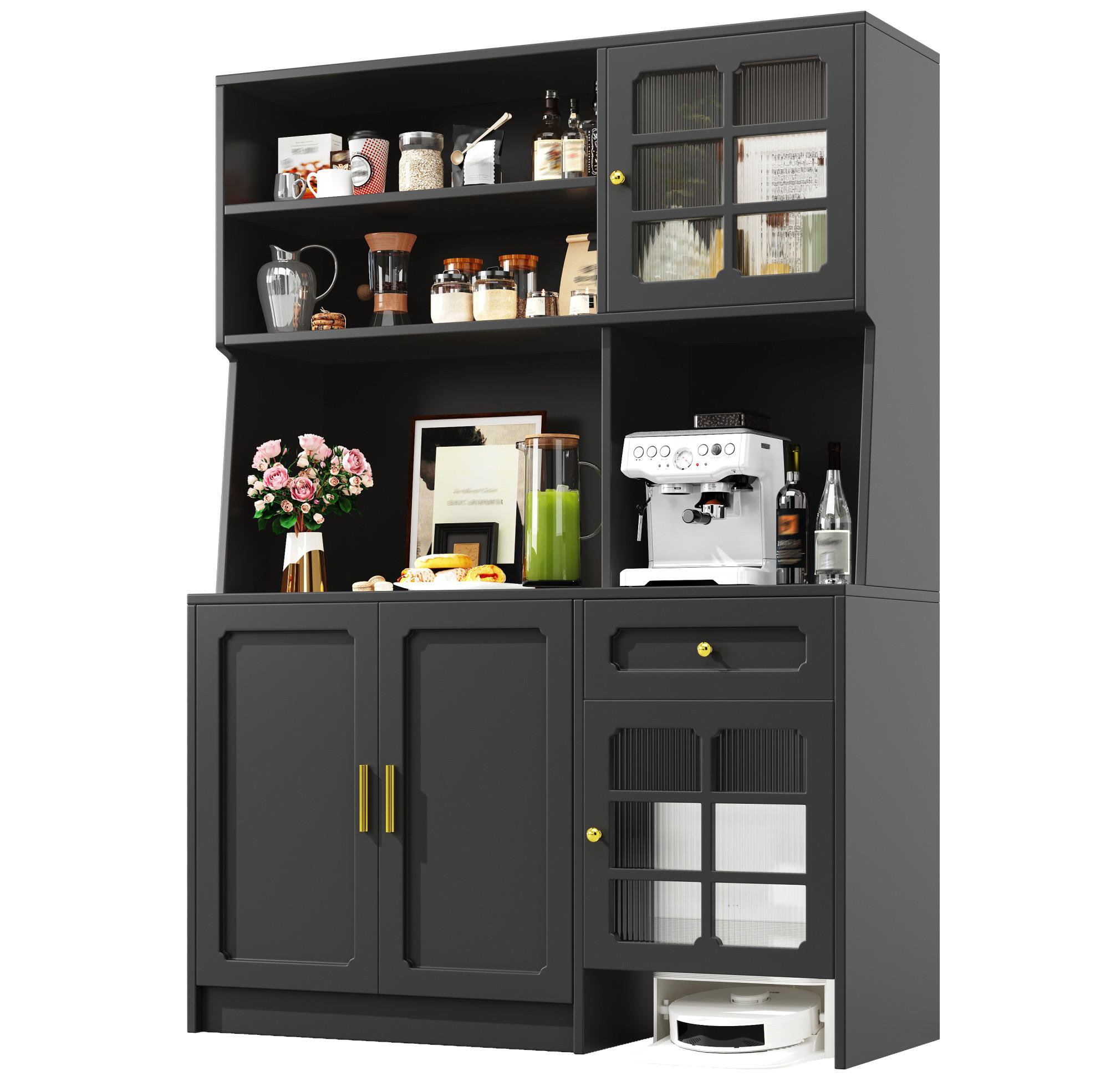 BUFFETSCHRANK 130/45/180 cm mit LED-Beleuchtung, Glastüren und viel Stauraum, MDF, Schwarz - Schwarz, Holzwerkstoff (130/180/45cm) - Redom