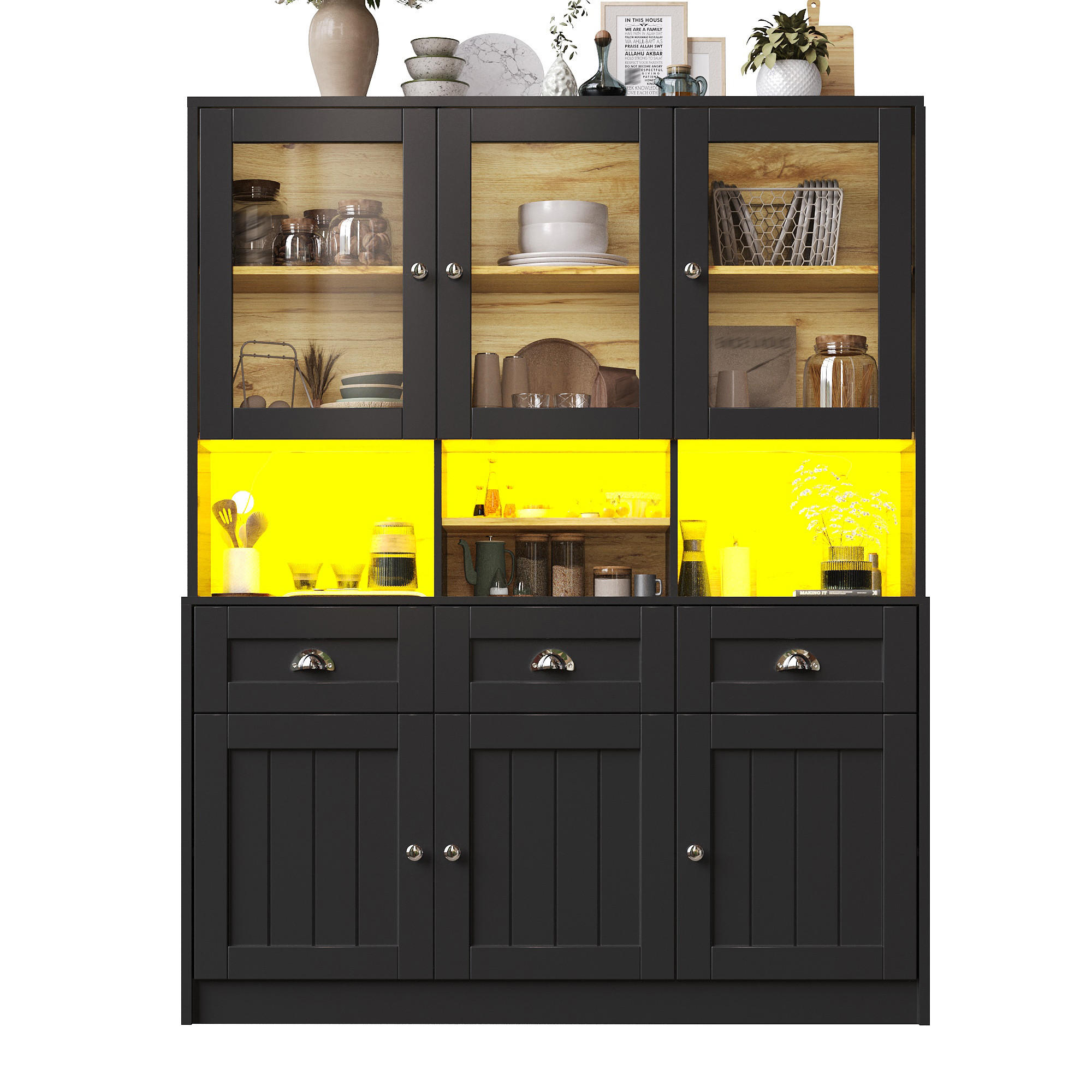 KÜCHENSCHRANK 140x40x175cm LED Hochschrank Glas Weiß Schwarz - Schwarz, Holzwerkstoff (140/175/40cm) - FLIEKS