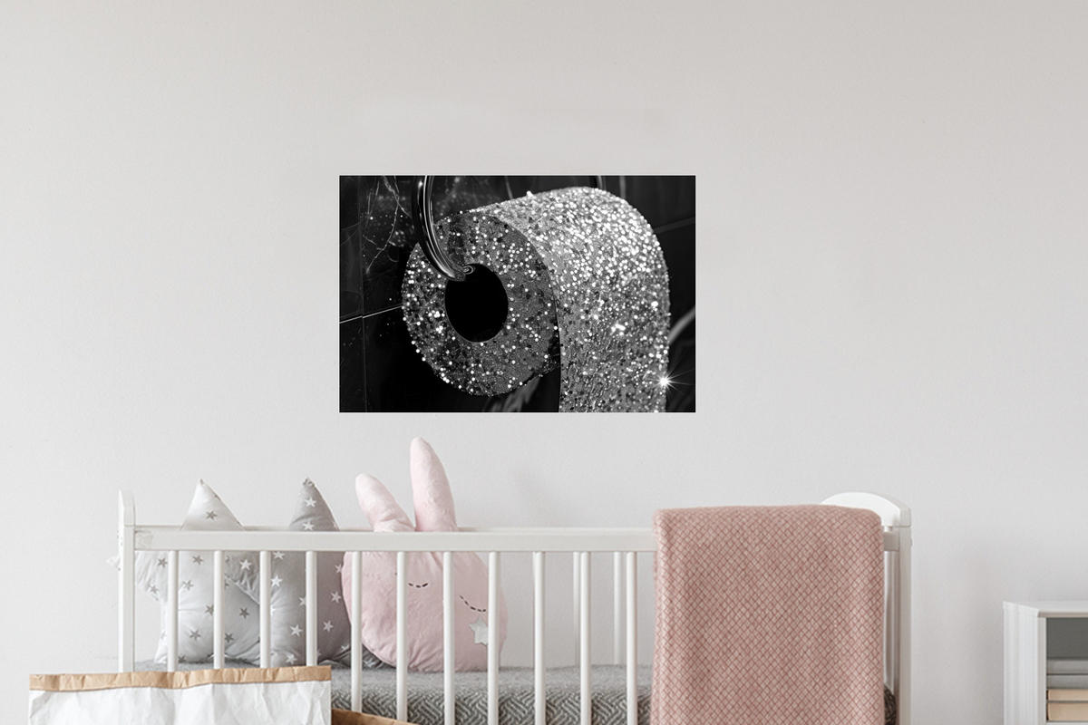 WANDTATTOO WC - Toilettenpapier - Schwarz und weiß - Glitter 60x40 cm - Silberfarben, Kunststoff (60/40/0.1cm) - MuchoWow