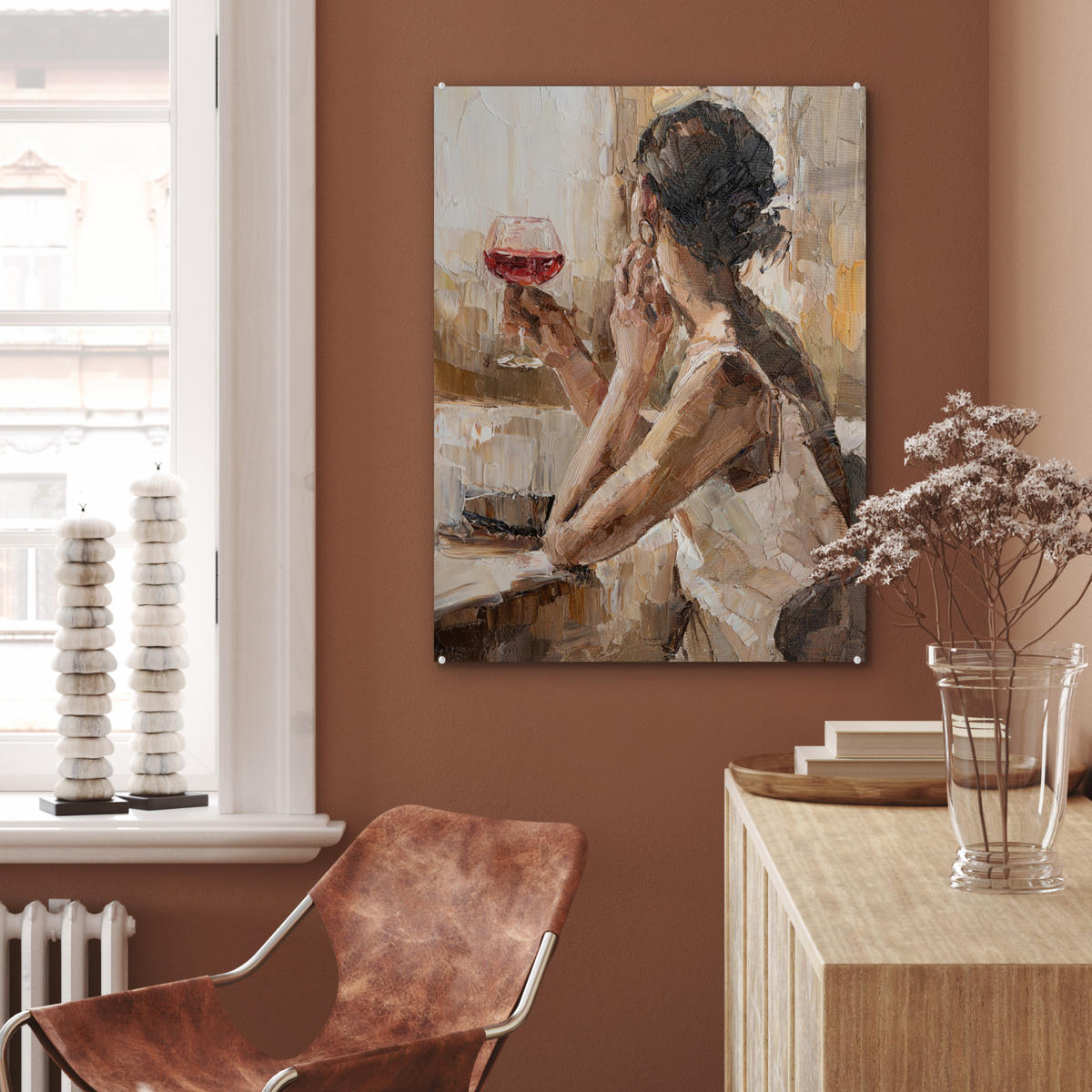 ACRYLGLASBILD Ölgemälde - Frau - Wein 60x80 cm - Hellbraun, Glas (60/80cm) - MuchoWow