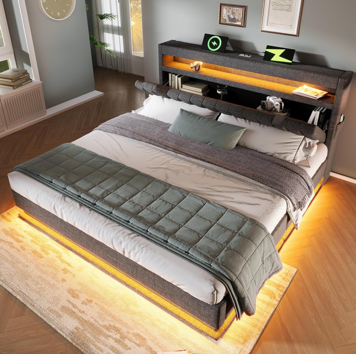 POLSTERBETT aus Leinen 160x200 cm Grau mit LED, USB-C, Stauraum und Matratze - Grau, Textil (160/200cm) - IVMEU