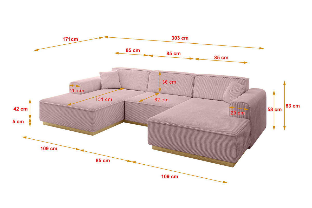 WOHNLANDSCHAFT IREA-U1-v2 - 303x171x83 cm Rosa - Rosa, Holzwerkstoff/Textil (303/83/171cm) - ALTDECOR