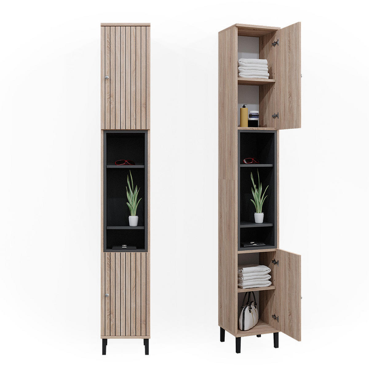 BADSCHRANK Aquis Braun 30 x 190 cm mit Türen, und offenen Fächern - Braun/Sonoma Eiche, Holzwerkstoff (30/190/30cm) - Vicco