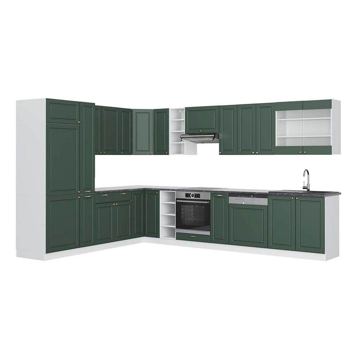 ECKKÜCHE Fame-Line Grün-Gold Landhaus/Weiß 347 x 257 cm, AP Anthrazit - Weiß/Grün, Holzwerkstoff (347/81.6/60cm) - Vicco
