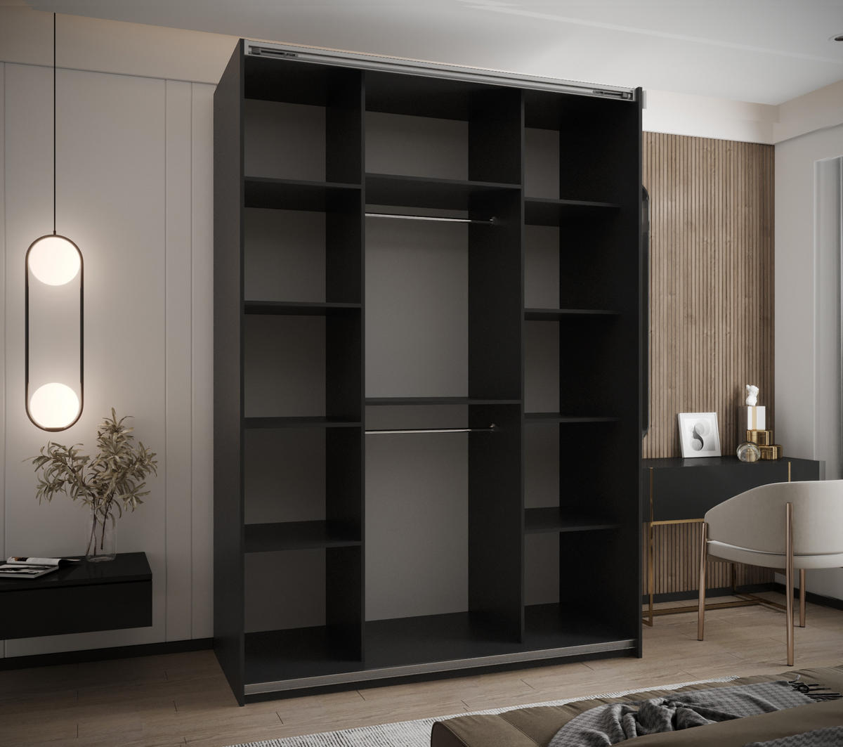 SCHWEBETÜRENSCHRANK 245,5/170/64 2-türig - Schwarz/Weiß, Holz/Metall (170/245/64cm) - Abiks Möbel