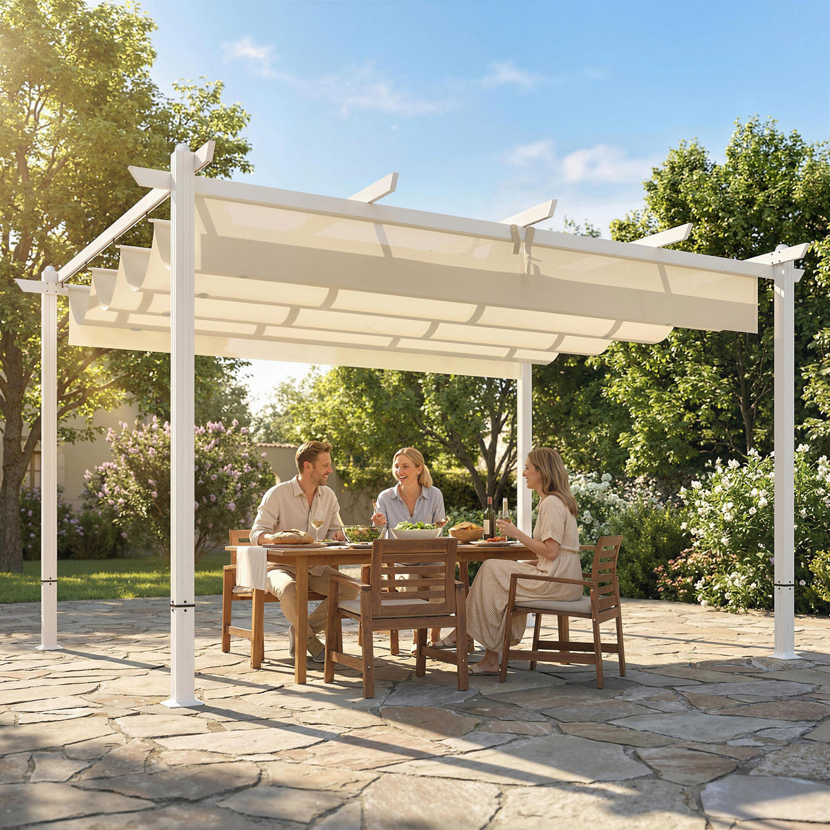 PERGOLA 3 x 4 m Terrassenüberdachung mit Schiebedach, magnetische Verschlüsse, UV30+ Beige - Beige, Metall (390/227/297cm)