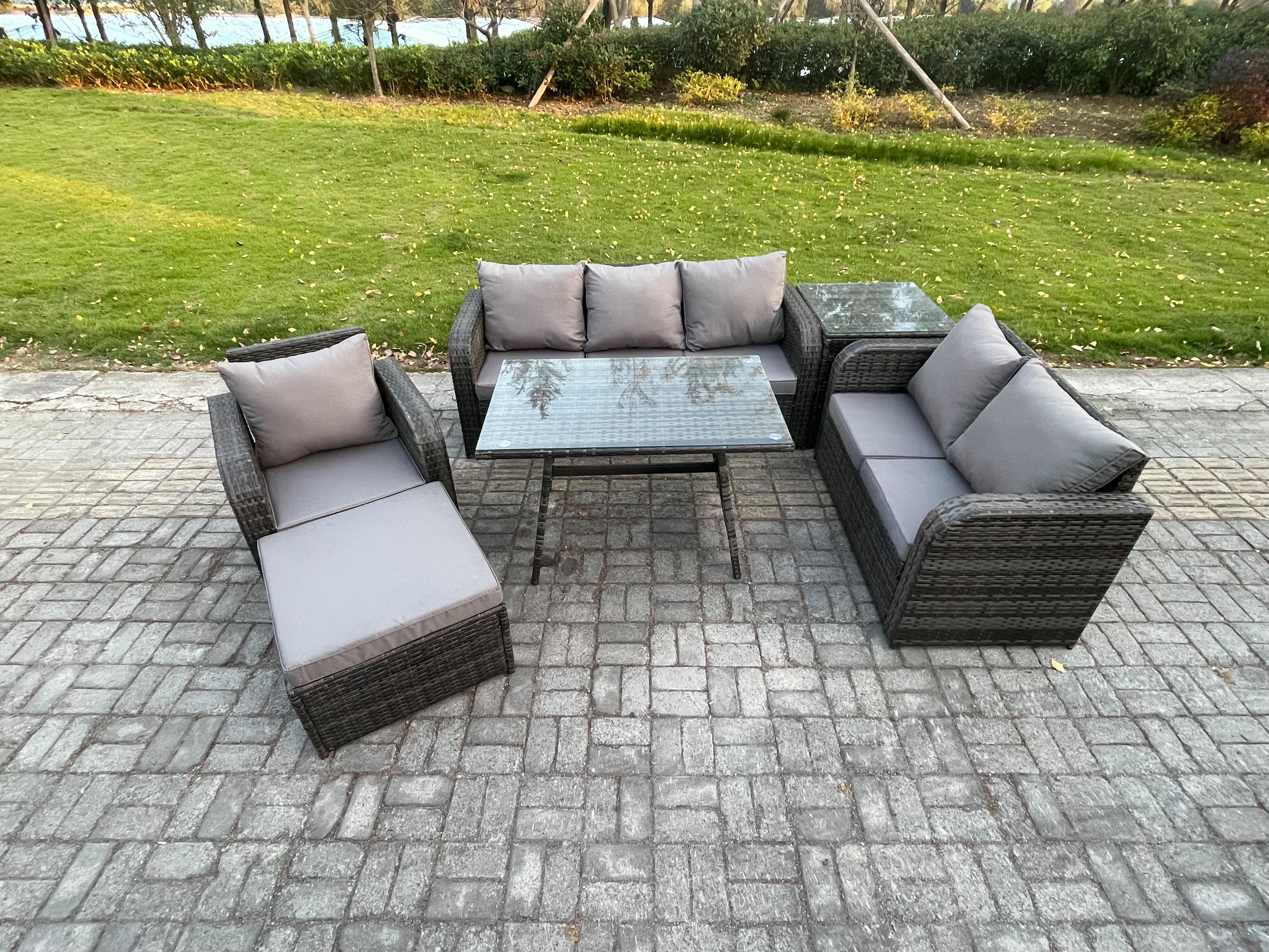 GARTENMÖBEL SET Polyrattan Dunkelgrau 7-Sitzer - Dunkelgrau/Grau, Glas/Kunststoff - Fimous