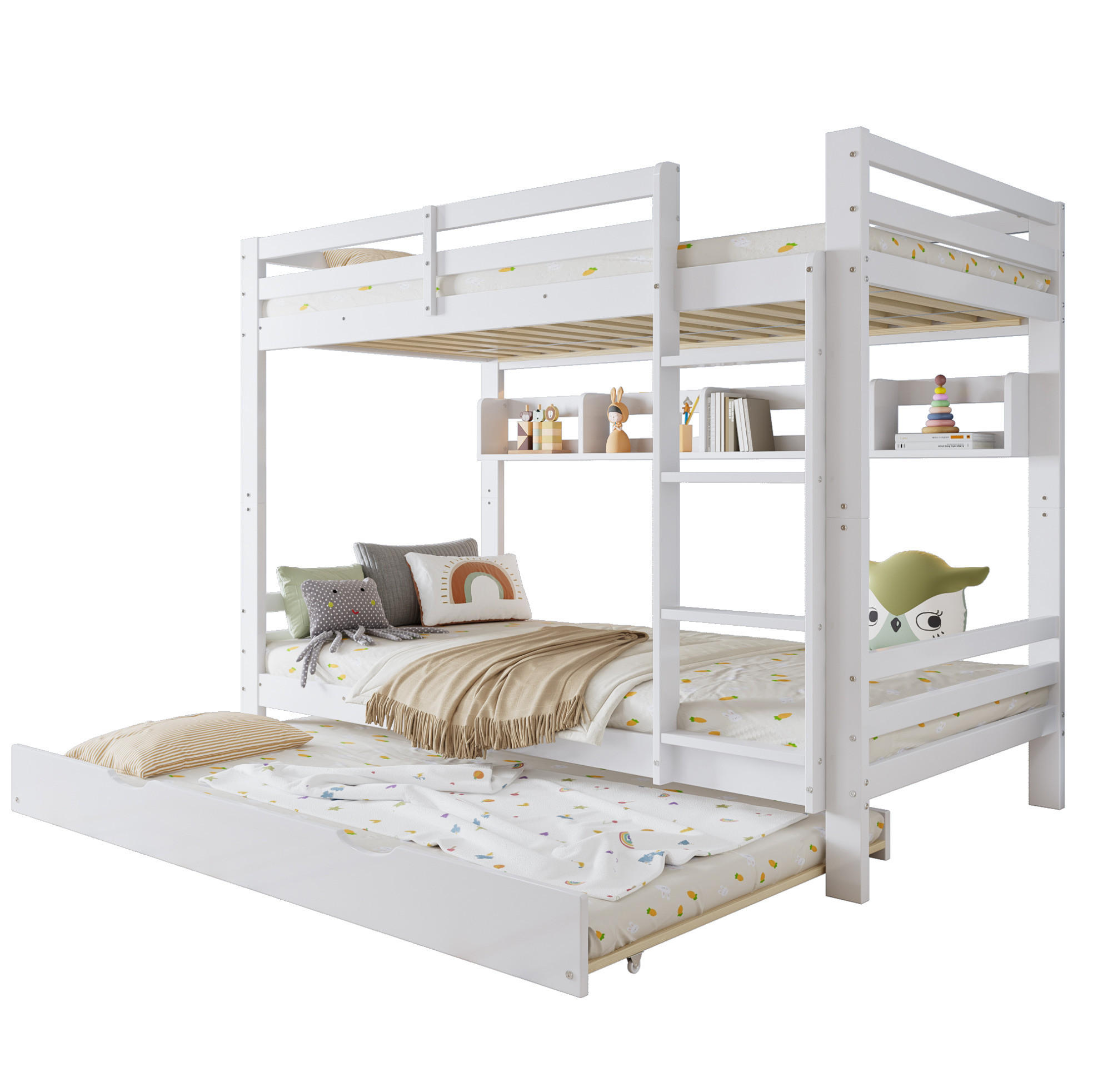ETAGENBETT 90/200 cm mit Ausziehbett, 2 m Regalreihe, 4-stufiger Leiter und Bettlatten aus Kiefer/MDF, Weiß - Weiß, Holz (90/200cm) - Redom