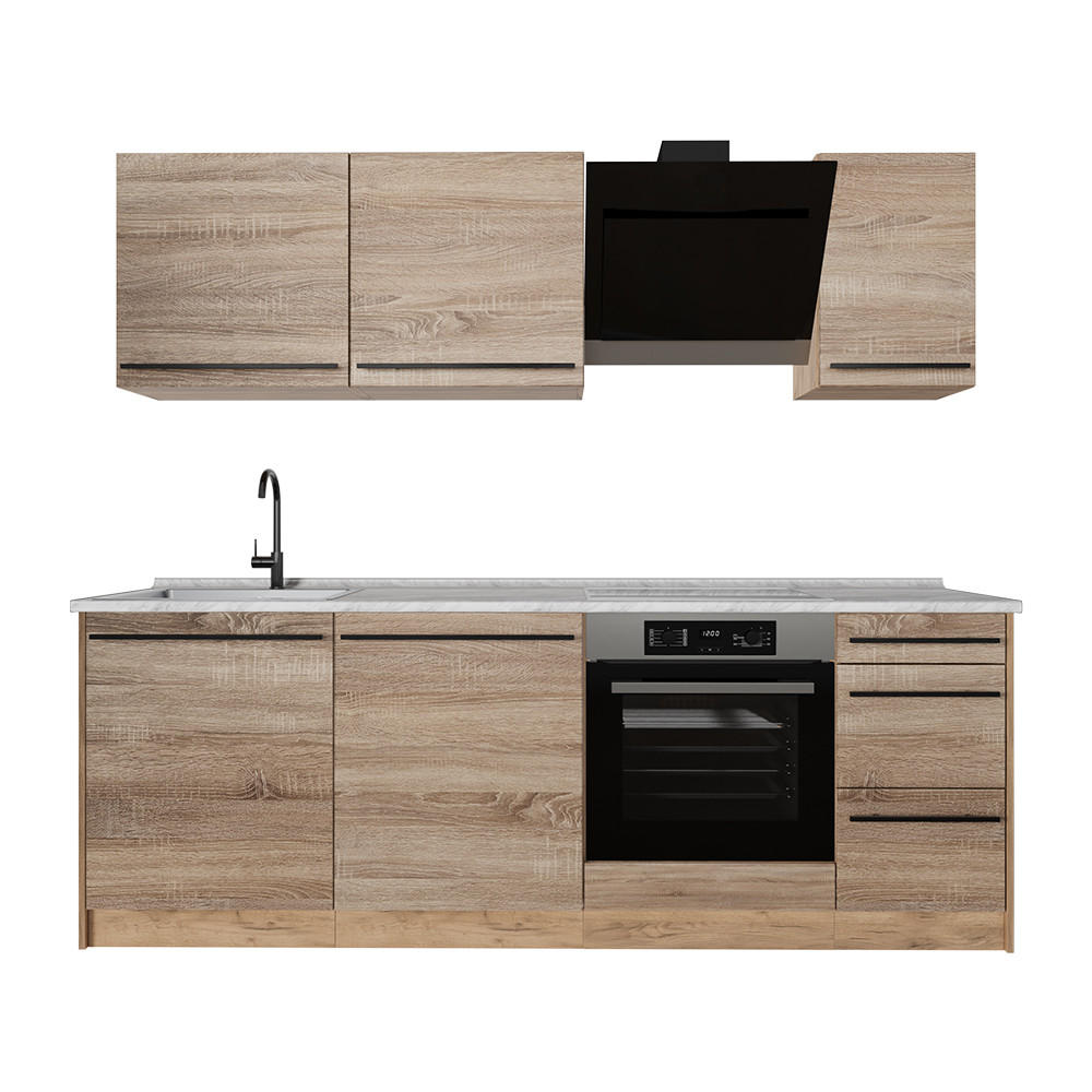 KÜCHENZEILE R-Line, Sonoma/Goldkraft Eiche, 220 cm Arbeitsplatte Marmor - Honigeiche/Sonoma Eiche, Holzwerkstoff (220/81.6/60cm) - Vicco