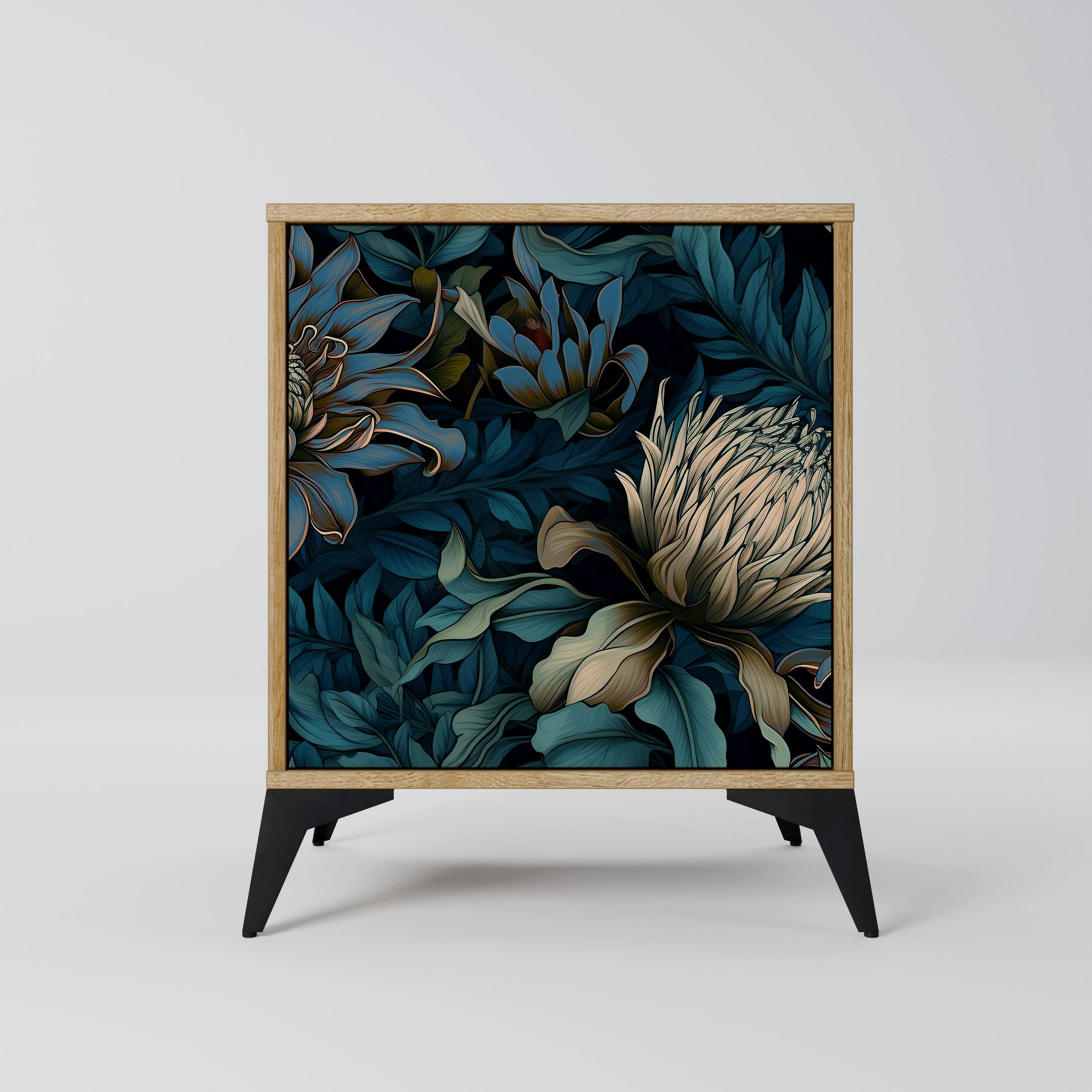 SIDEBOARD TWILIGHT BLOOM, Eichefarben, 57,5x42x70,5 cm, Schwarze Metall-Sternfüße - Eichefarben/Multicolor, Holzwerkstoff/Metall (57.5/70.5/42cm) - SpaceRebels