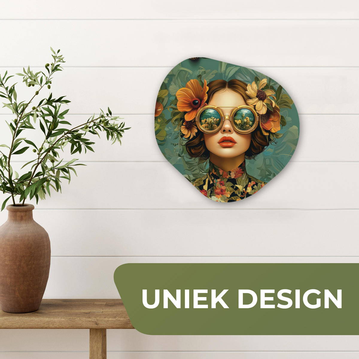 WANDBILD Frau - Blumen - Schmetterlinge - Natur - Vintage Wanddeko 40x40 cm - Petrol, Kunststoff (40/40cm) - MuchoWow