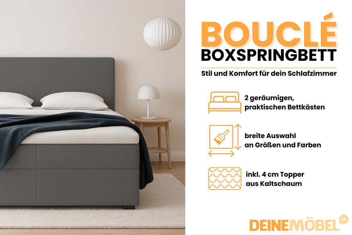 BOXBETT BOUCLE 180/200 in Boucle Dunkelgrau H3 - Dunkelgrau, Holz/Holzwerkstoff (180/200cm) - Deine Möbel 24