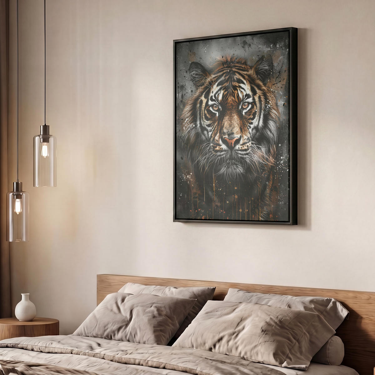 LEINWAND Bilder mit Rahmen - Tiger - Tiere - Porträt - Luxus - Schwarz - 50x70 - Braun, Textil (50/70cm) - MuchoWow