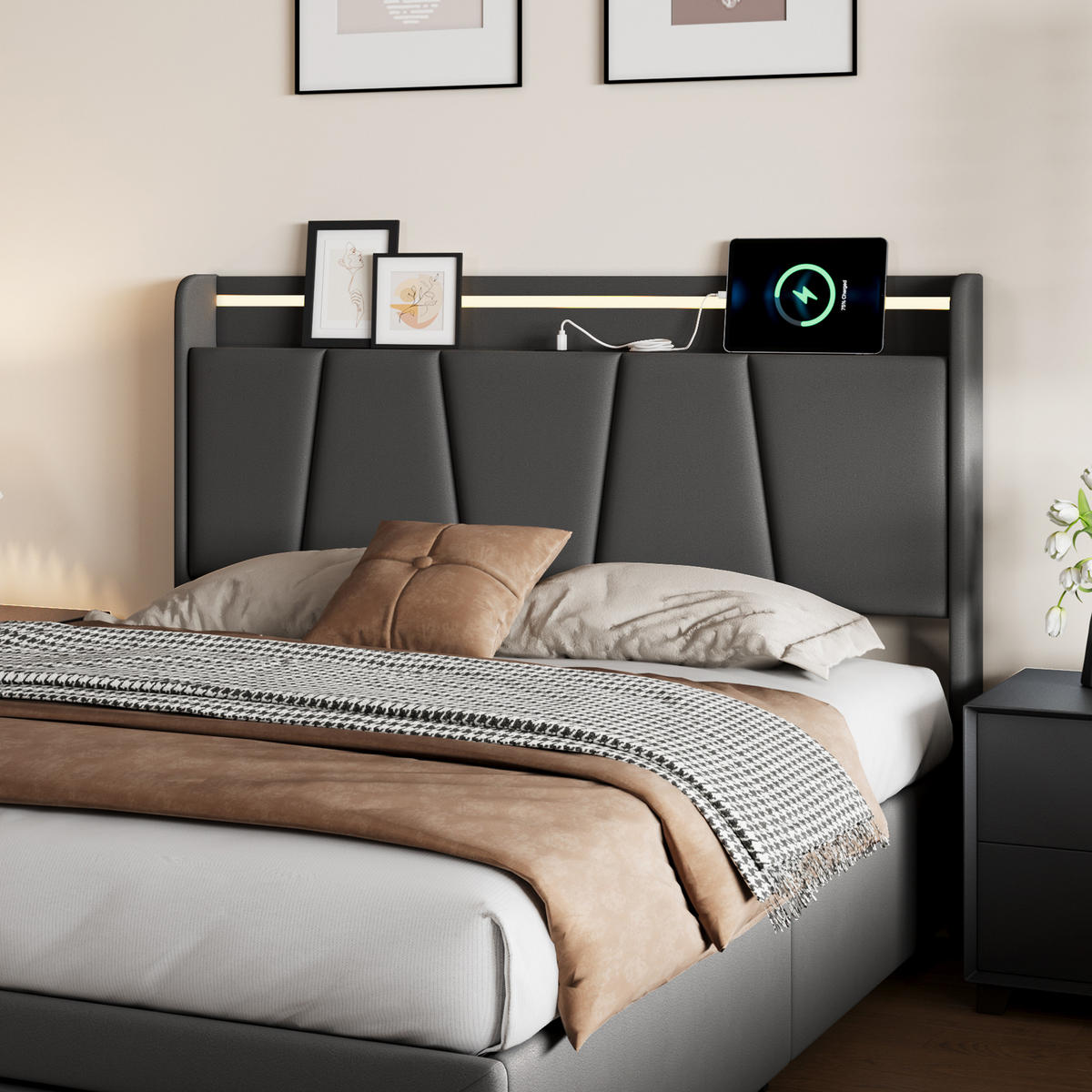 POLSTERBETT 140x190 cm LED USB Stauraum Lattenrost dunkelgrau - Grau, Holz (140/190cm) - Fortuna Lai