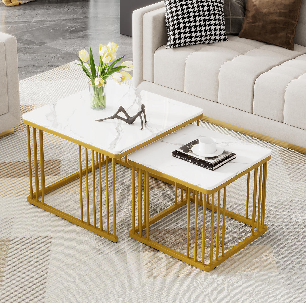 KONFERENČNÍ stolky 60/60/45 cm bílé z MDF v mramorovém vzhledu zasouvací 2 ks - bílá, kompozitní dřevo (60/60/45cm) - OKWISH