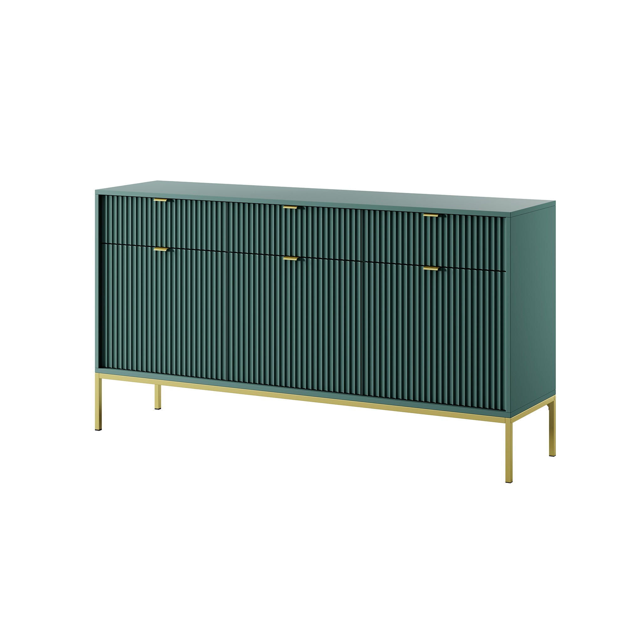 KOMMODE Nova Grün, Golden Beine und Goldene Griffe, Dreitürig - Goldfarben/Grün, Holzwerkstoff/Metall (154/83/39cm) - Bettso