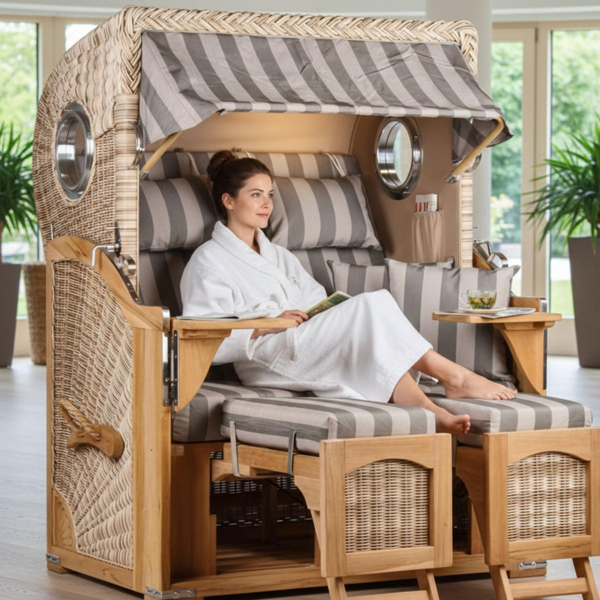 STRANDKORB Düne 2-Sitzer Teak Shell - Braun/Grau, Holz/Metall (125/170/80cm) - Mr. Deko