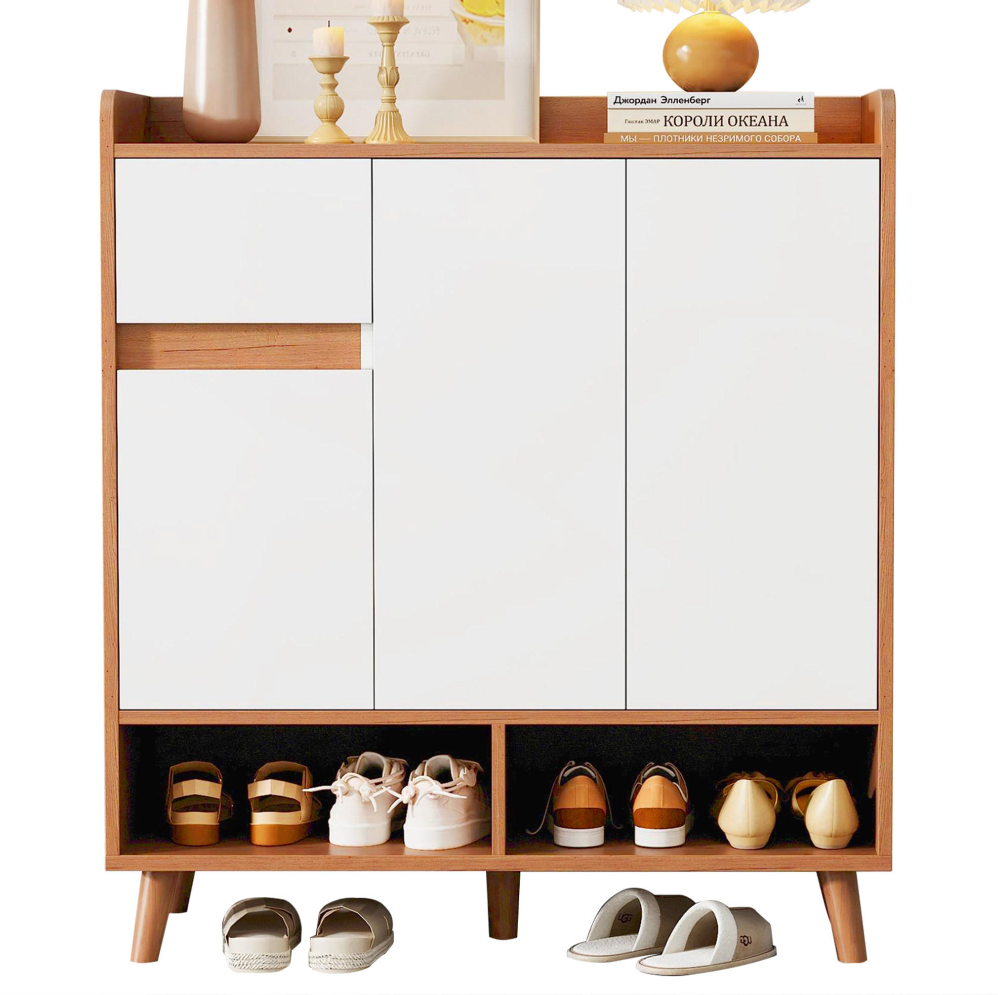SCHUHSCHRANK 90/35/99 cm in Weiß/Natur mit verstellbaren Einlegeböden - Weiß, Holzwerkstoff (90/99/35cm) - Flora Grace