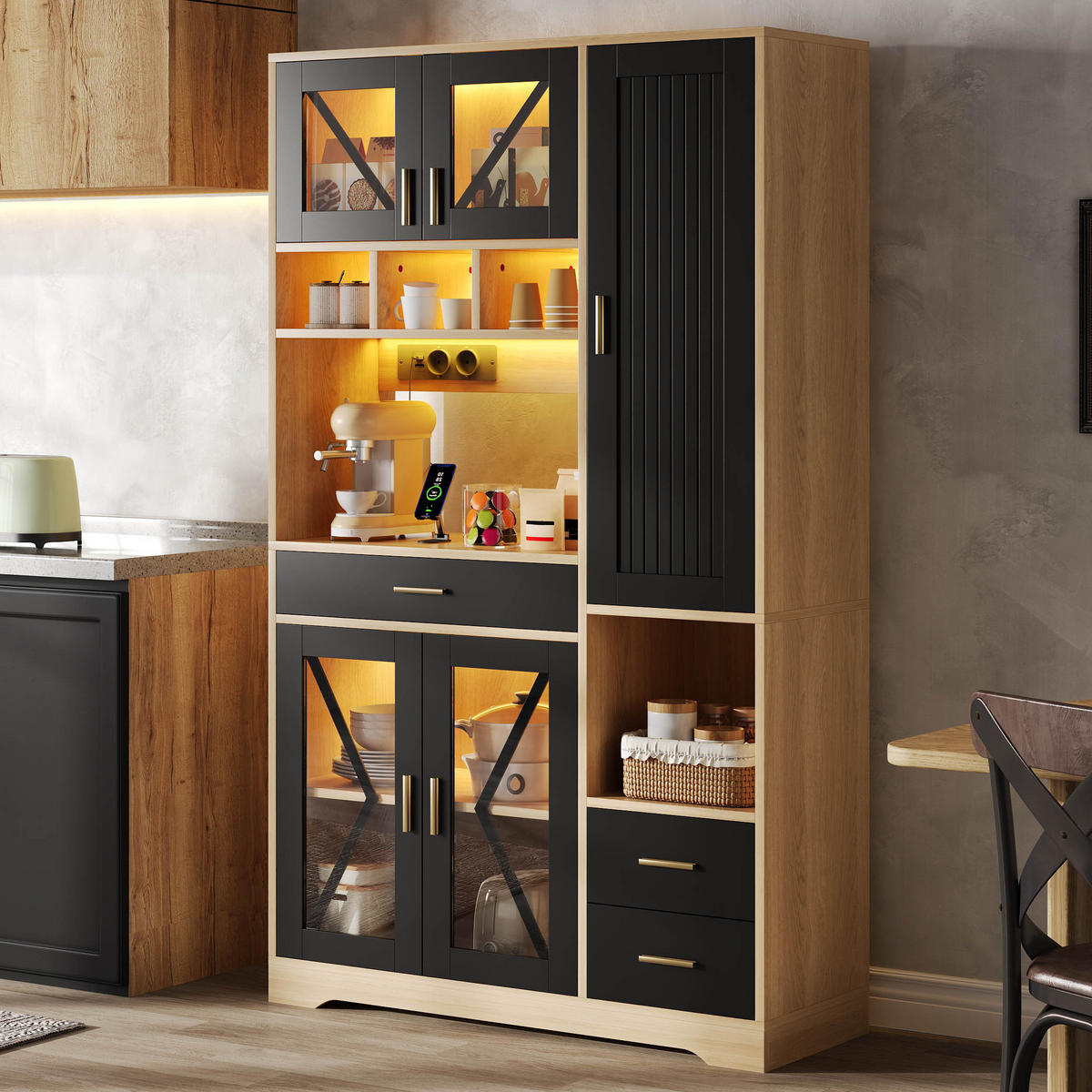 BUFFETSCHRANK Schwarz aus MDF mit APP-gesteuerter Farbwechsel-LED und integrierter Steckdosenleiste 105 × 40 × 185 cm - Schwarz, Holzwerkstoff (105/185/40cm) - Luhomfu