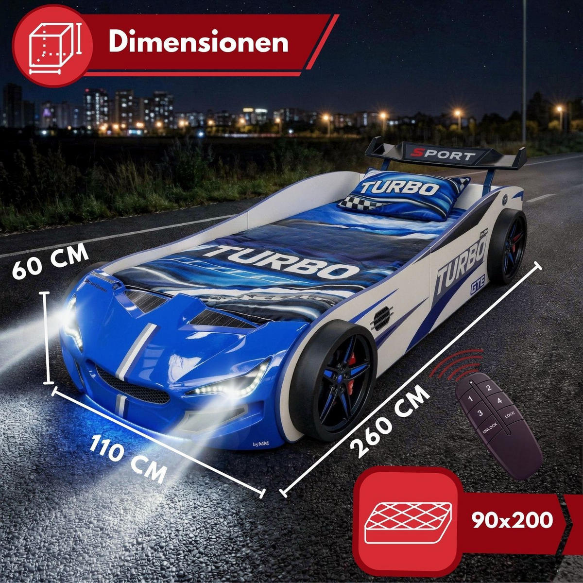 AUTOBETT GTE mit Rollrost, Licht und Sound Farbe Blau - Blau, Holzwerkstoff (90/200cm) - Coemo