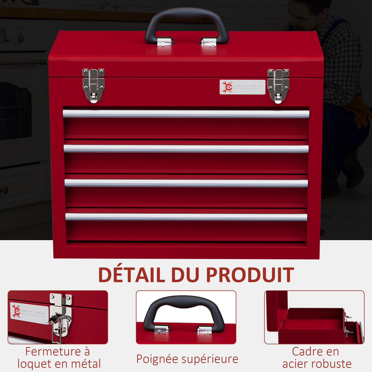 WERKZEUGKASTEN, Kiste mit 4 Schubladen und Blechablage, 51 x 22 x 39,5 cm, Rot - Multicolor, Kunststoff (22/39.5/51cm) - FORIOUS