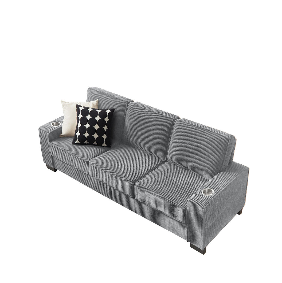 SOFA mit Getränkehaltern 206 cm Cord Grau - Grau, Holzwerkstoff (206/86/72cm) - Meubliv