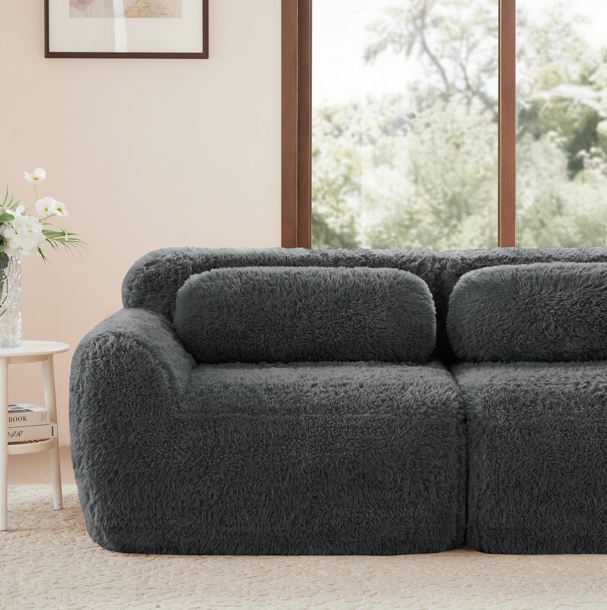 ECKSOFA 378/179/73 cm grau aus Plüsch als 4-Sitzer mit modularem Ottomanen - Grau, Textil (179/378cm) - OKWISH