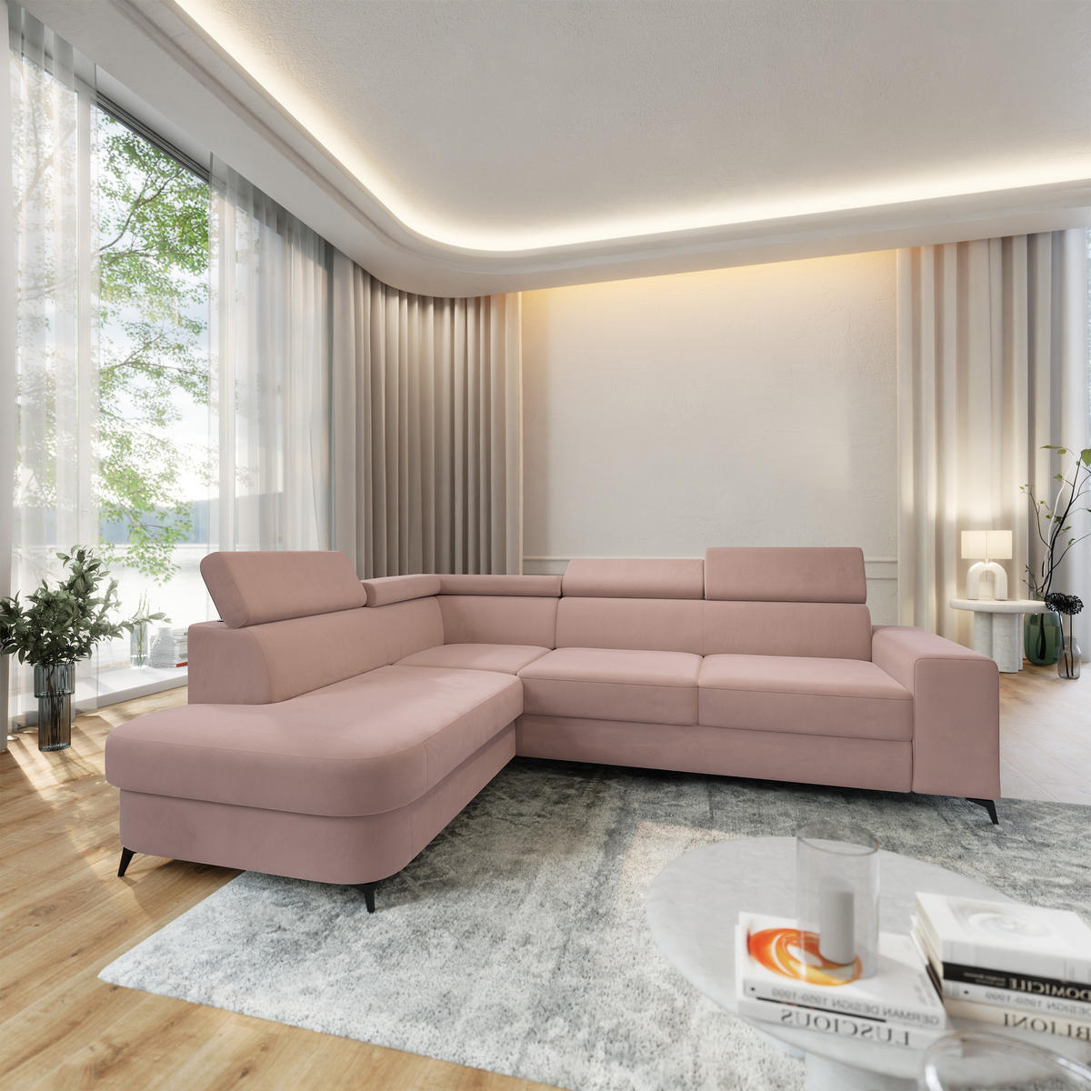 ECKSOFA ALVORO L-S Rosa Velours-Stoff mit Schlaffunktion - Rosa, Holz (253/190cm) - MASSENO
