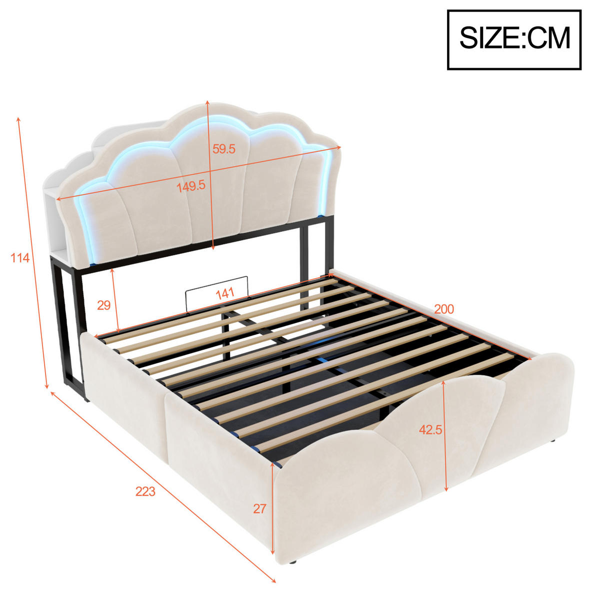 POLSTERBETT 140/200 cm aus Samt mit Stauraum, LED und Steckdosen Beige - Beige, Textil (140/200cm) - OKMYHOME