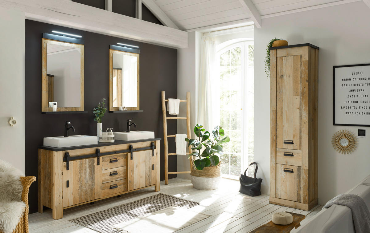 BADMÖBEL-SET Used Wood hell, anthrazit, Doppelwaschtisch mit Waschbecken LED Spiegellampe Stove - Eichefarben/Anthrazit, Holzwerkstoff/Metall (235/210/43cm) - Furn.Design