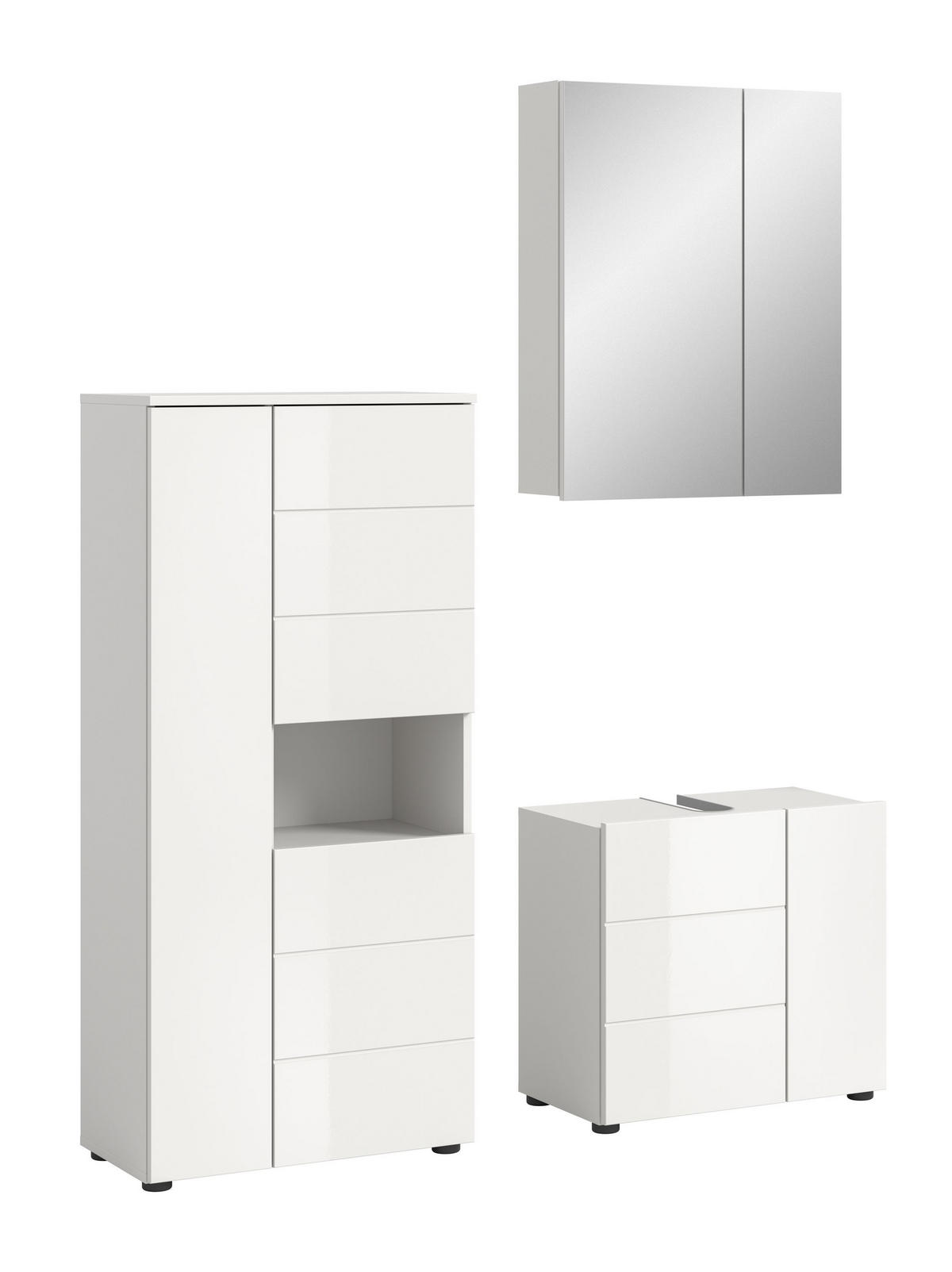 BADKOMBINATION 3tlg. Vira Bad in weiß Melamin und weiß hochglanz B/H/T: 135x190x34 cm - Weiß, Holz (135/190/34cm)