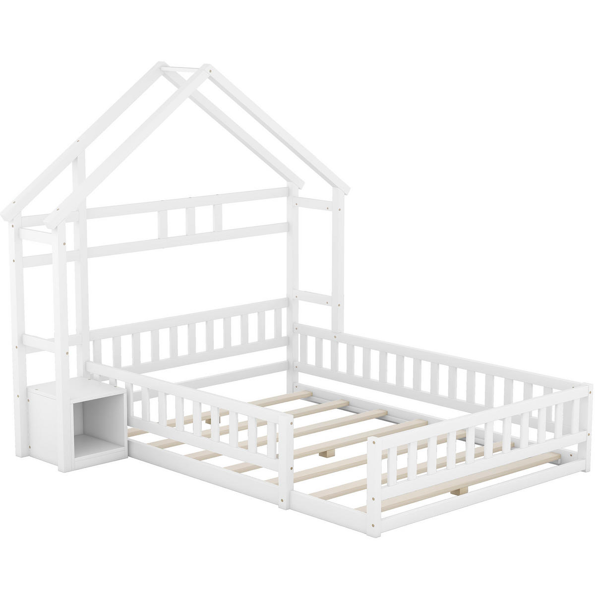 HAUSBETT 140/200 cm Weiß mit Nachttisch und Geländer - Weiß, Holz (140/200cm) - MIVRAY
