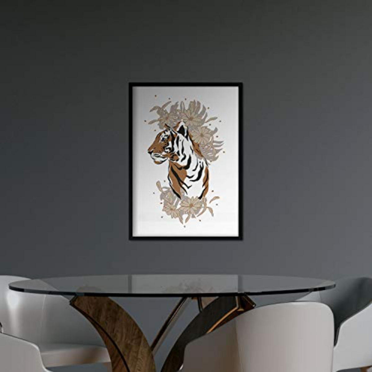 POSTER Set mit 4 tiere Tiger Leopard Tiere, Blumen und Pflanzen des Dschungels A4 Schwarzer Rahmen - Schwarz, Papier (29.7/3cm) - Nacnic