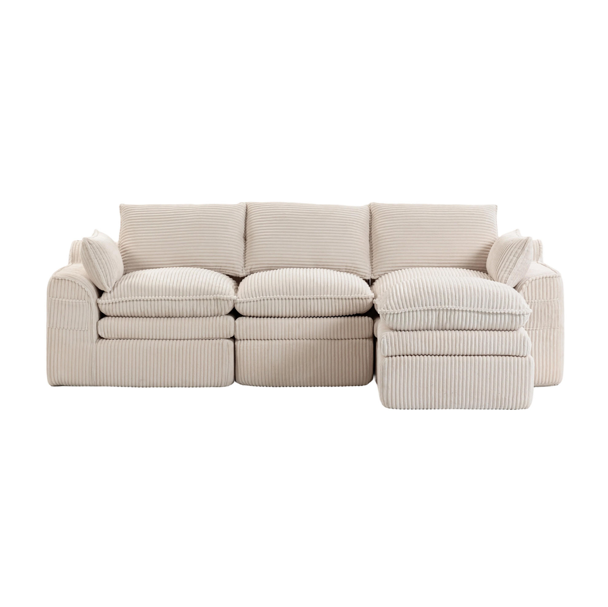 3-STIZER Sofa 263/167/85 cm mit Hocker, Seitentaschen und Federkern, Cord Beige - Beige, Textil (263/85/167cm) - Redom