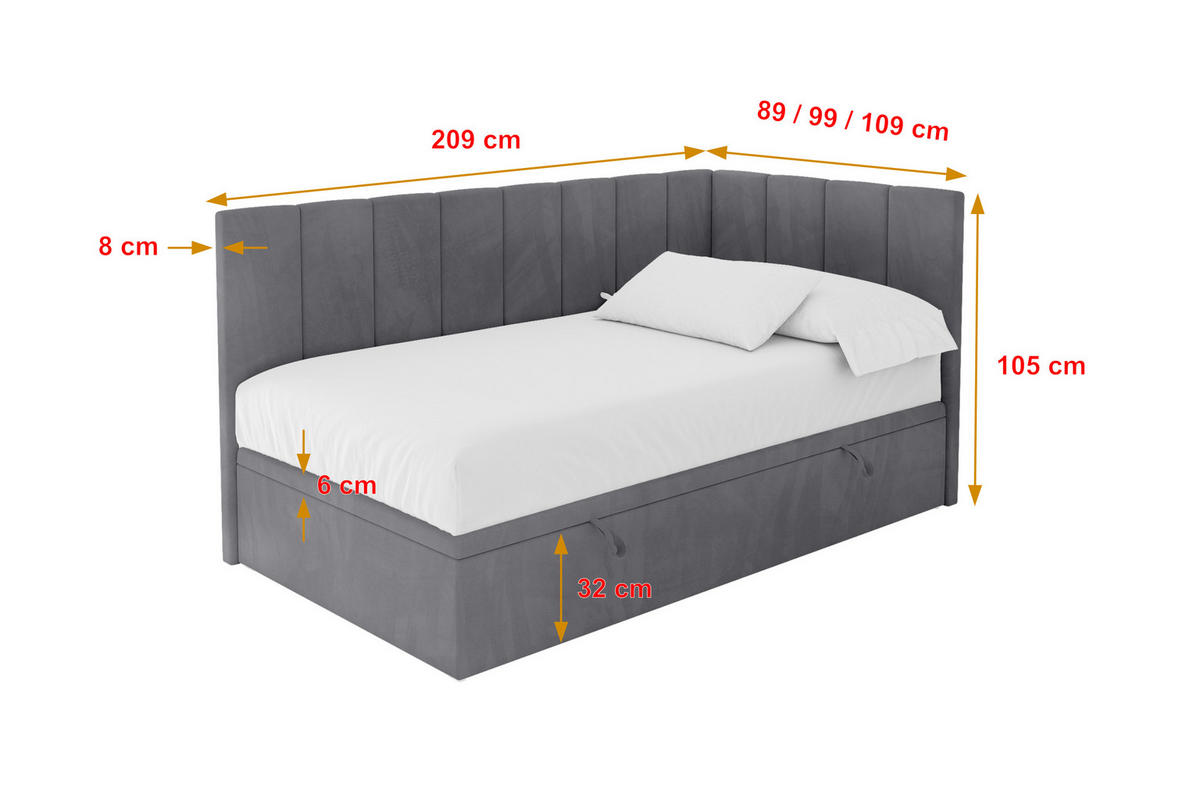 EINZELBETT Jugendbett mit Bettkasten Links, ohne Matratze - LOVY 100x200 Dunkelgrau - Dunkelgrau, Holzwerkstoff/Textil (100/200cm) - ALTDECOR