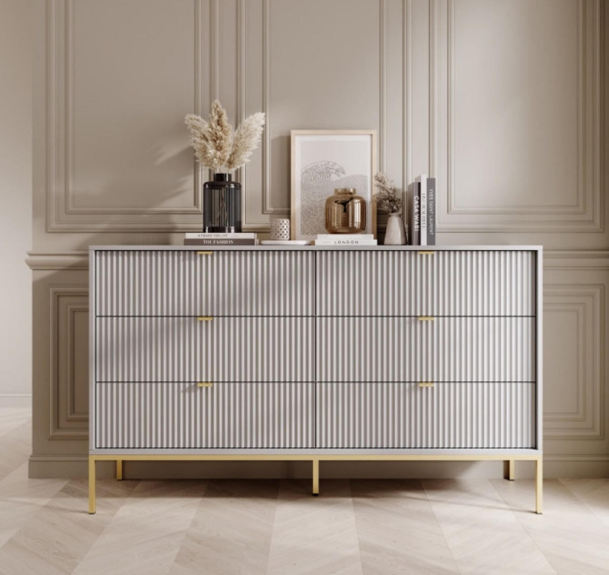 SIDEBOARD Grau KS154 Glamour Stil Mit Goldfarbenen Beinen - Grau, Holzwerkstoff (154/91/39cm) - Sepro Meble