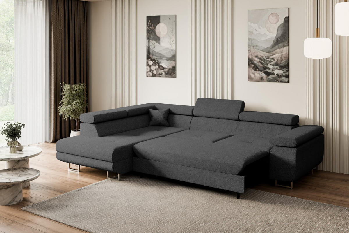 ECKSOFA mit Schlaffunktion und Bettkasten GUSA-L 272x202x107 cm Grau Bouclé - Silberfarben/Grau, Holzwerkstoff/Textil (202/272cm) - ALTDECOR