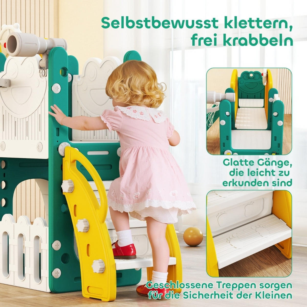 KINDERRUTSCHE 7-in-1 mit Schaukel und Basketballkorb Gelb/Grün - Gelb, Kunststoff (150/94/176cm) - Korfee