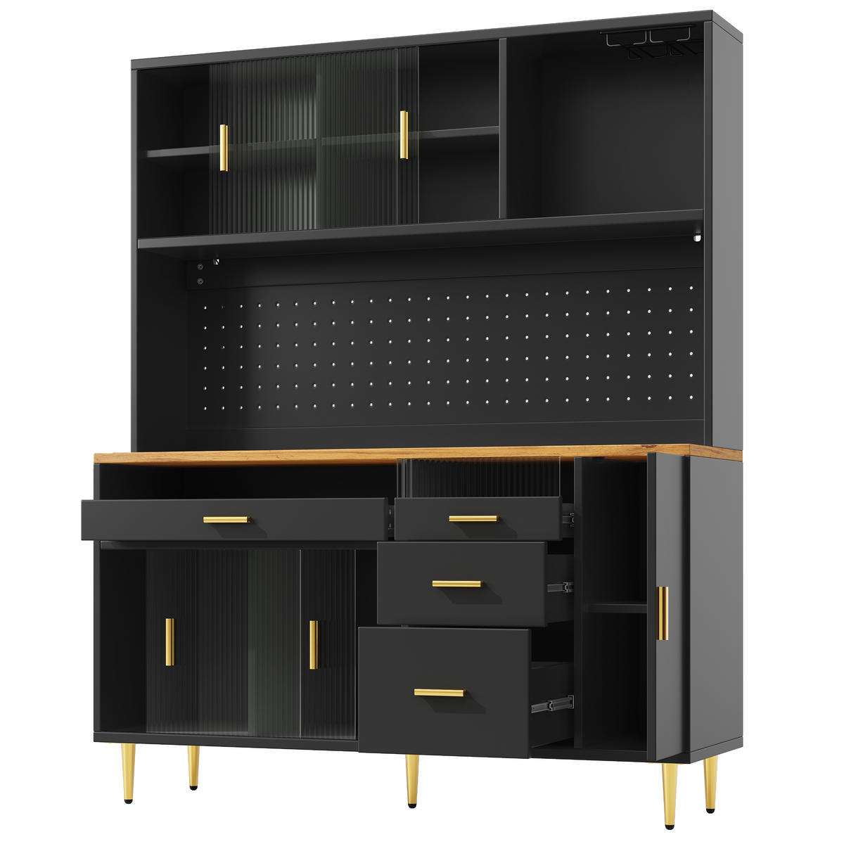 GESCHIRRSCHRANK aus MDF & Glas 145x39x171cm in Schwarz mit APP-LED - Schwarz, Holzwerkstoff (145/171/39cm) - Modfu