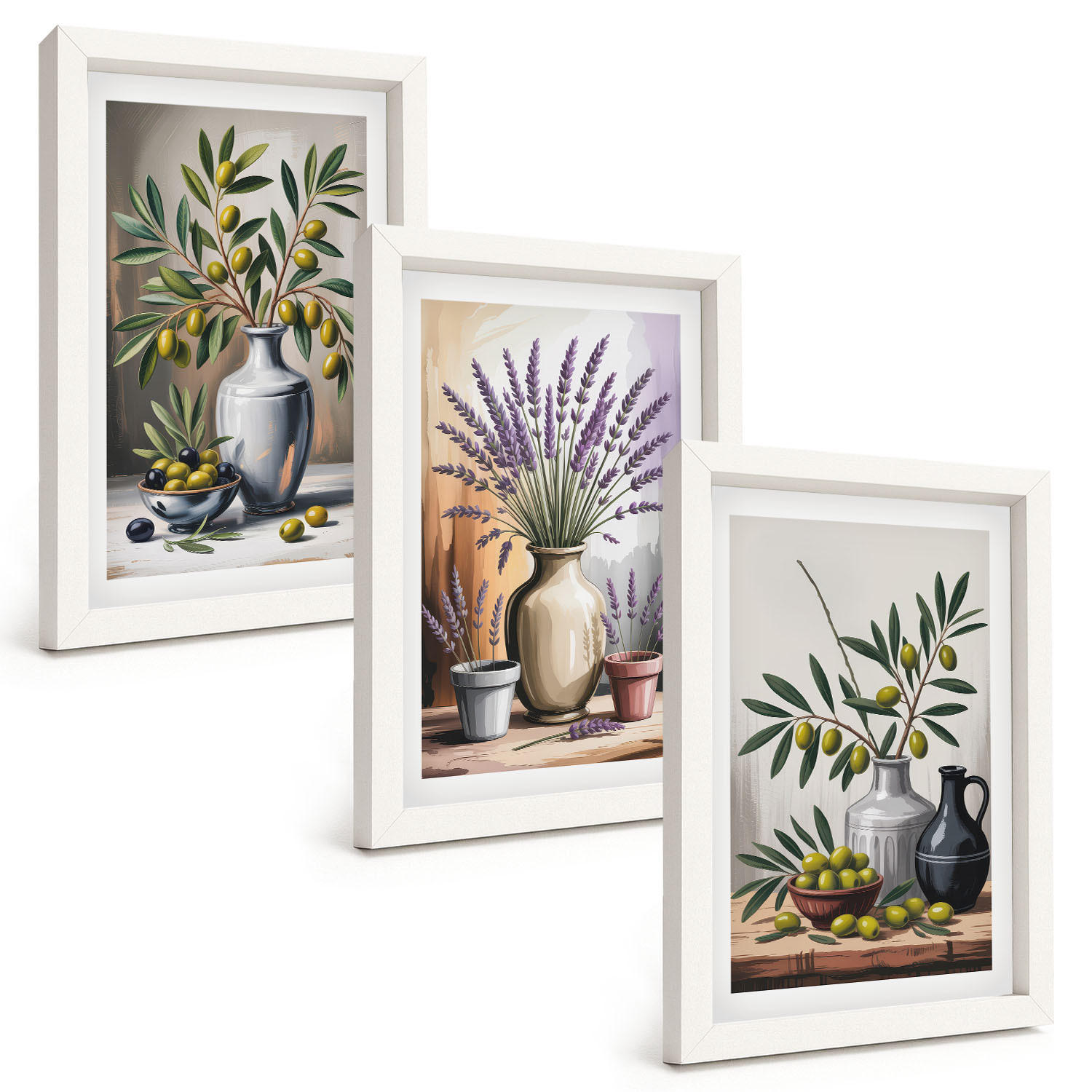 BILDER SET 3er Set - 20x30 cm Weißer Rahmen - Olivenblüten in Vasen im Hintergrund - Weiß, Kunststoff (20/30cm) - TULUP