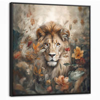 LEINWAND Bilder mit Rahmen - Löwe - Wildtiere - Pflanzen - Natur - Blumen - 90x90 - Beige, Textil (90/90cm) - MuchoWow