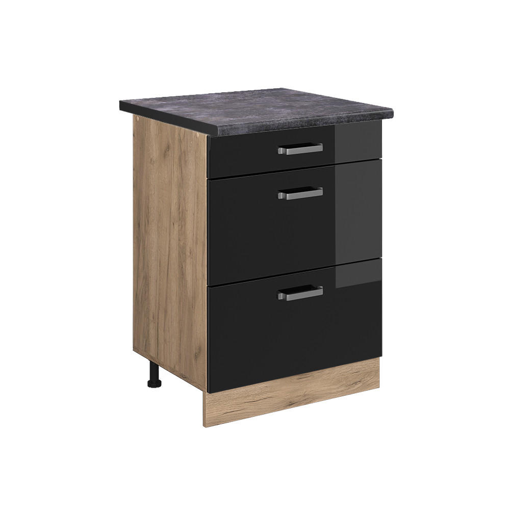 KÜCHENUNTERSCHRANK R-Line Schwarz Hochglanz 60 cm mit Schubladen AP Anthrazit - Honigeiche/Schwarz Hochglanz, Holzwerkstoff (60/81.6/60cm) - Vicco