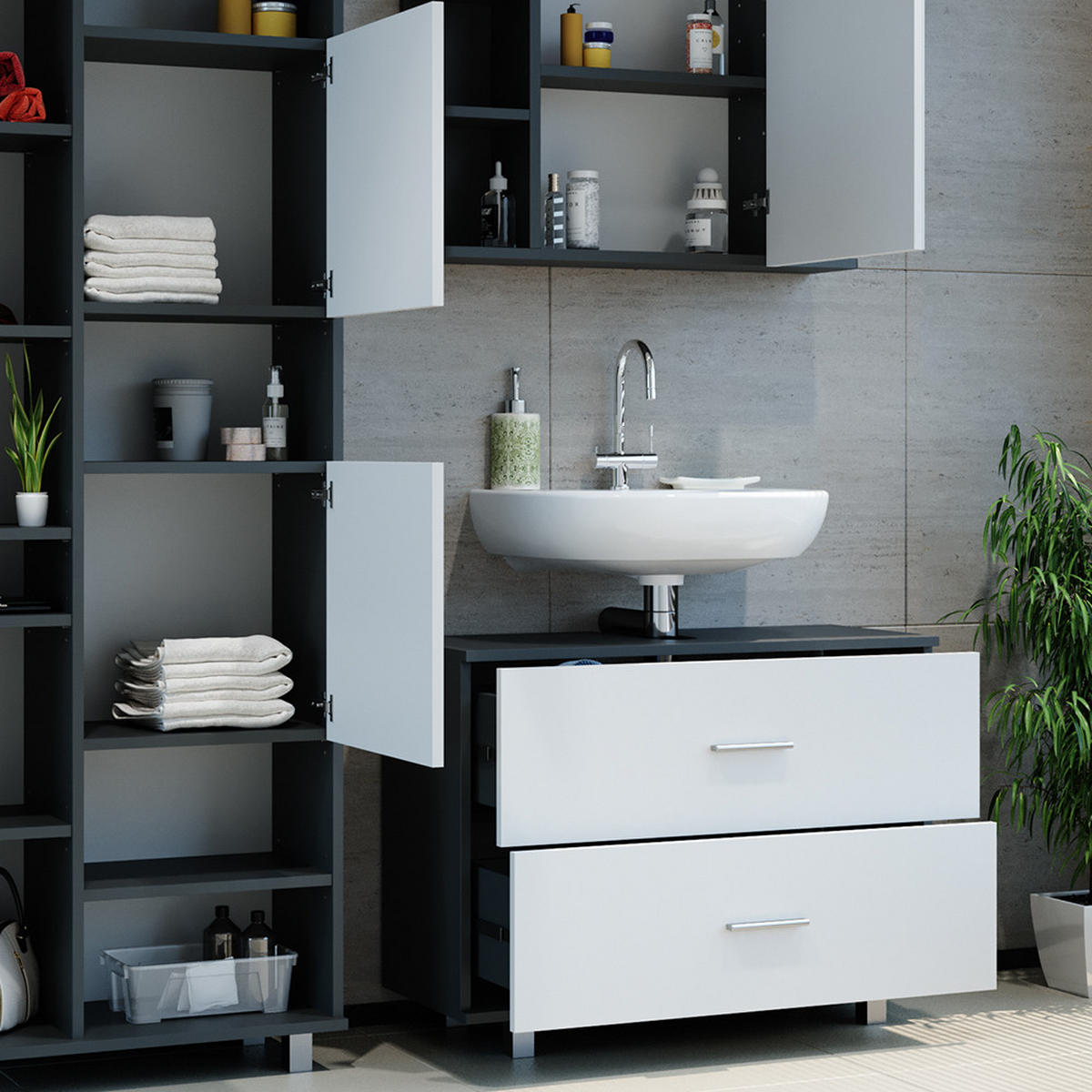 BADMÖBEL-SET Ilias Weiß/Anthrazit 3 Teile, mit Hochschrank - Anthrazit/Weiß, Holzwerkstoff (80.2/60.8/33cm) - Vicco
