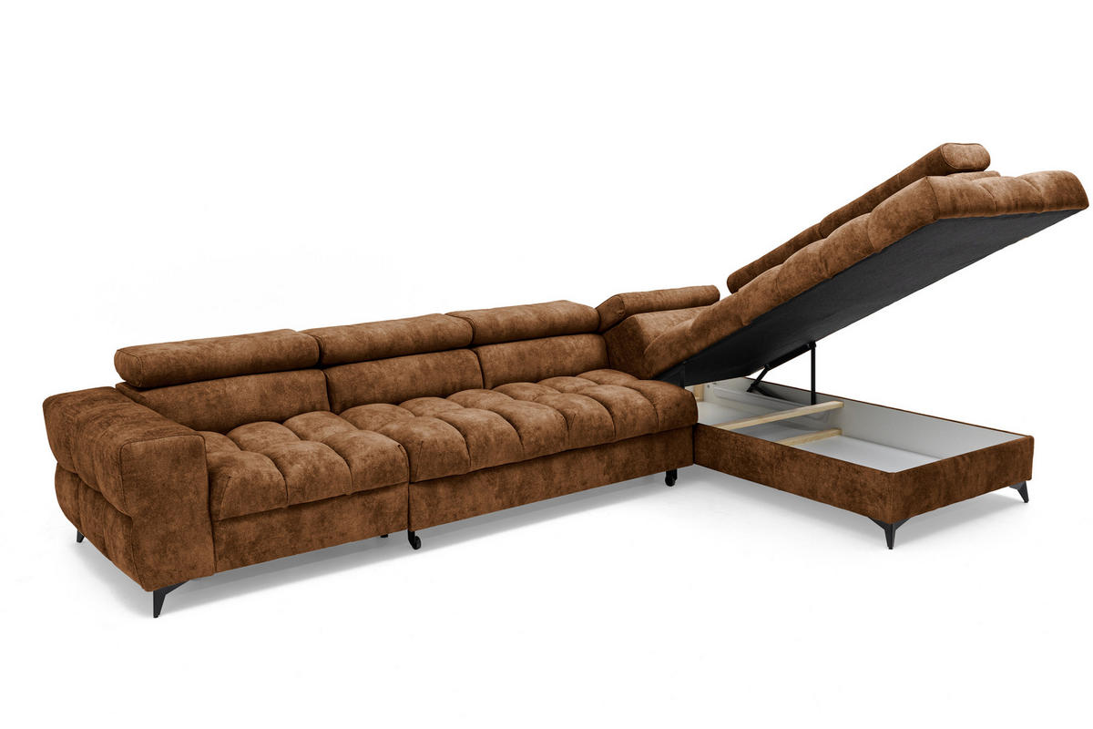 ECKSOFA PUDDING MAXI L Rechts mit Schlaffunktion 125x195 Velours Hellbraun - Hellbraun/Schwarz, Holz/Textil (203/350cm) - Muffo