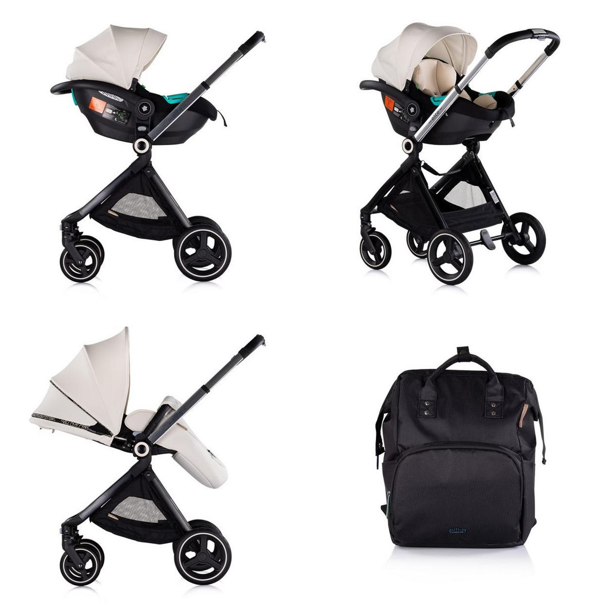 KINDERWAGEN Elite 3 in 1 schwarz beige i-Size Babyschale Sportsitz Babywanne Tasche - Beige/Schwarz, Metall (75/58/111cm) - Chipolino