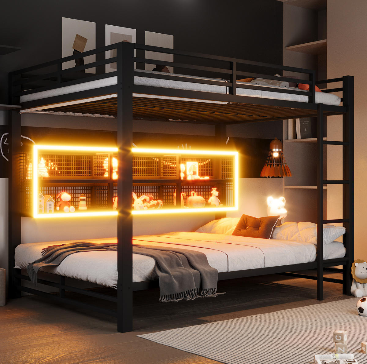POSCHODOVÁ posteľ 140/200 cm čierna s úložnými skrinkami a LED osvetlením z kovu - čierna, kov (140/200cm) - OKWISH