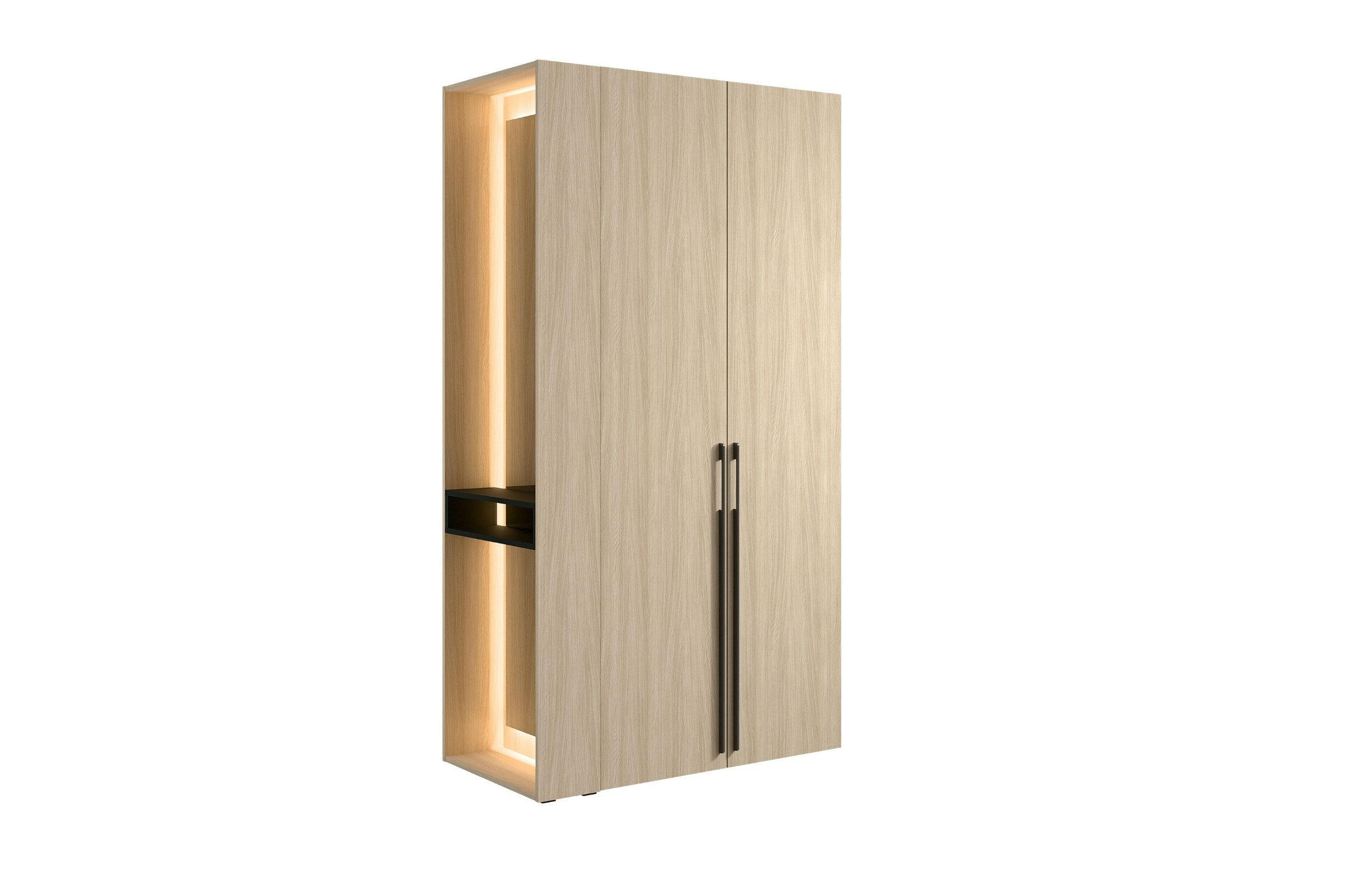 GARDEROBENSCHRANK BERTA 110 cm in Eiche Barista mit Kleiderstange, Spiegel und LED - Eichefarben, Holzwerkstoff (111/207/60cm) - Deine Möbel 24