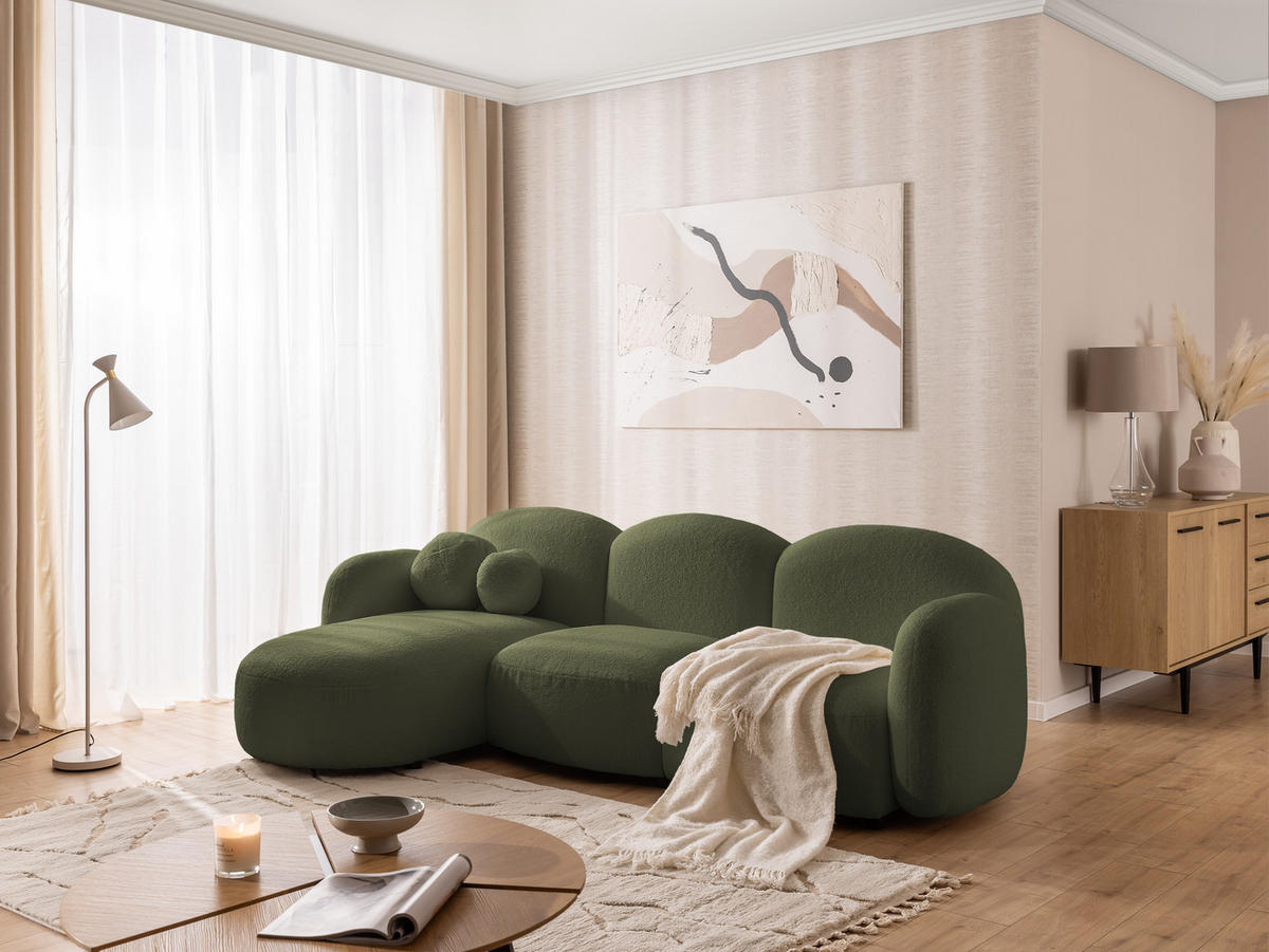 ECKSOFA Nuvola mit abgerundetem Design Grün Bouclé-Stoff - Ottomane Links - Schwarz/Grün, Holz/Kunststoff (268/146cm) - S-Style Möbel